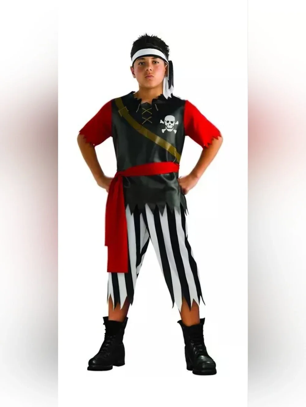 Rubies Pirate King Costume Black White Stripe Pant Red Sash Kids Medium 8-10 NEW